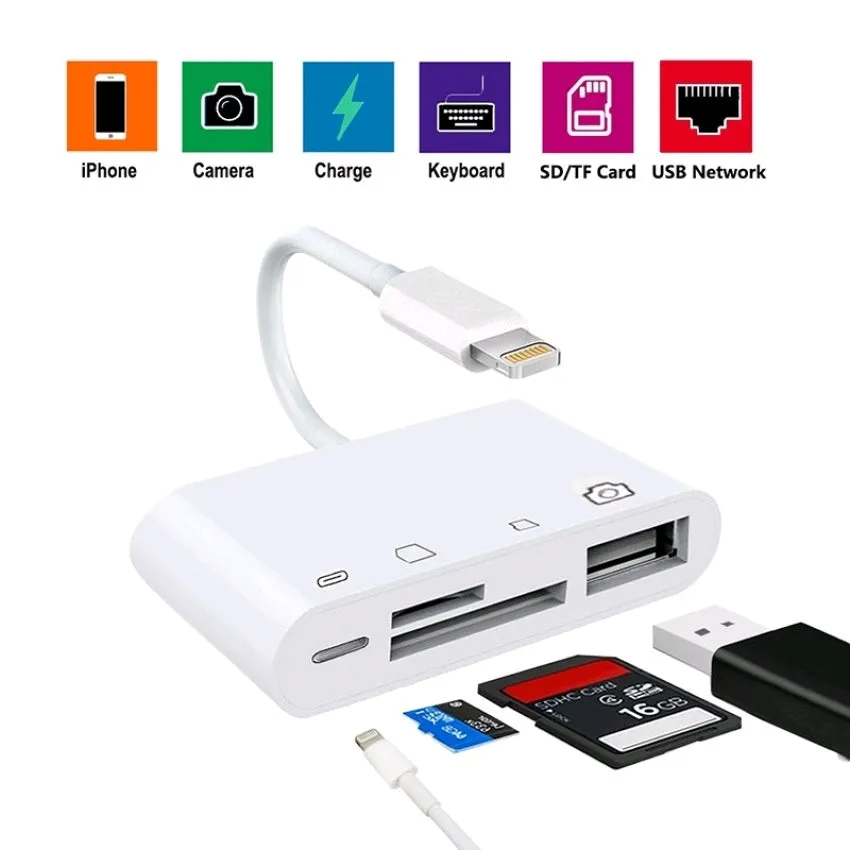 Adaptador 4 en 1 USB OTG TF Lector de SD para iPhone, iPad, Mac