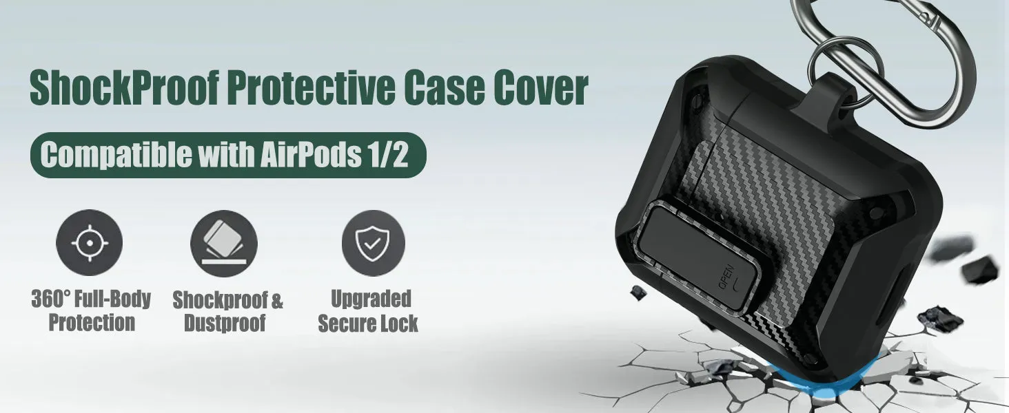 Airpod Case with Lock Compatible with Apple Airpods Case 2nd Generation Case, Rugged Case Cover for AirPods 1st Charging Case with Keychain for Men Women[Front LED Visible]