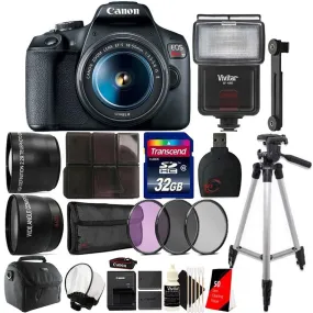 Canon EOS Rebel T7 DSLR Camera   18-55mm Lens   58mm Filter Kit   Telephoto & Wide Angle Lens   32GB Memory Card   Wallet   Reader   Speedlite Flash   Flash Diffuser   Backpack   Lens Tissue   Tall Tripod   3pc Cleaning Kit