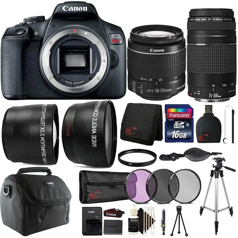 Canon EOS Rebel T7 DSLR Camera   18-55mm Lens   75-300mm Lens   58mm UV Filter   Filter Kit   Telephoto&Wide Angle Lens   16GB Memory Card   Wallet   Reader   Grip Strap   Case   Lens Pen   Cap Holder   Cleaning Kit   Tall & Mini Tripod