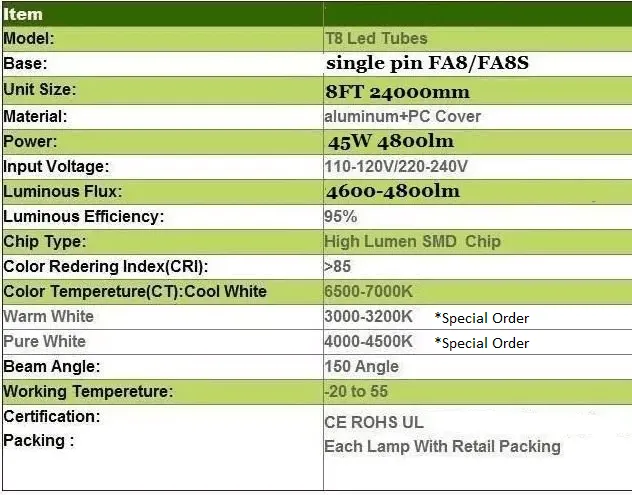 (CASE OF 25) Fa8 Single Pin T8 LED 8ft 72w 10,944 Lumens CLEAR LENS (NO RF) V-Series Dual-Row