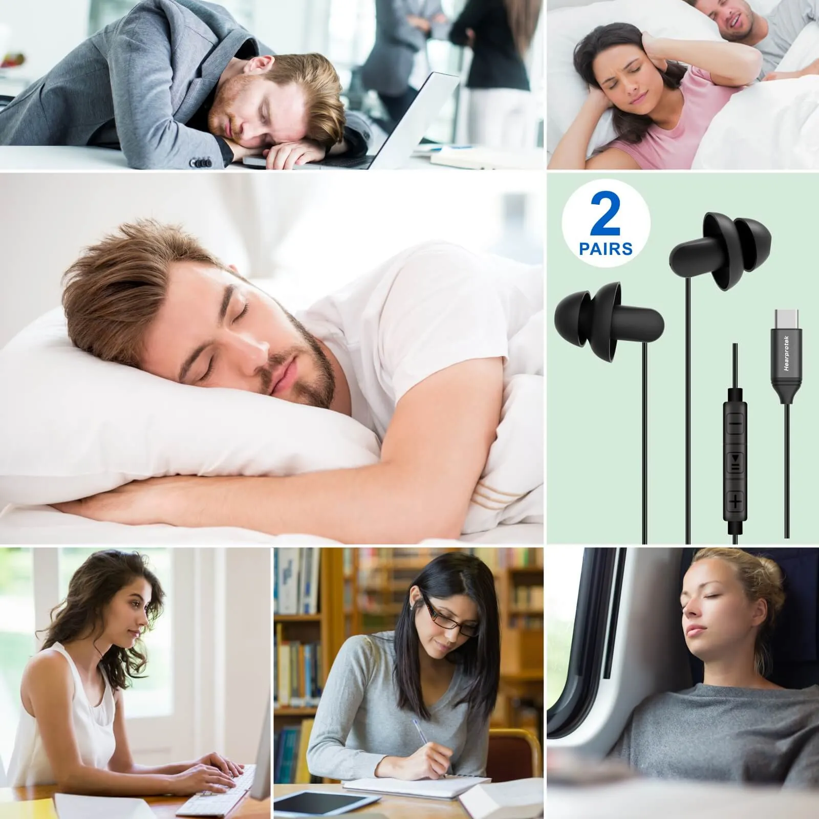 DreamMusic PRO - Hearprotek In-Ear Wired USB C Sleep Earbuds Earphones with Mic for Android Phones(2 Pairs)