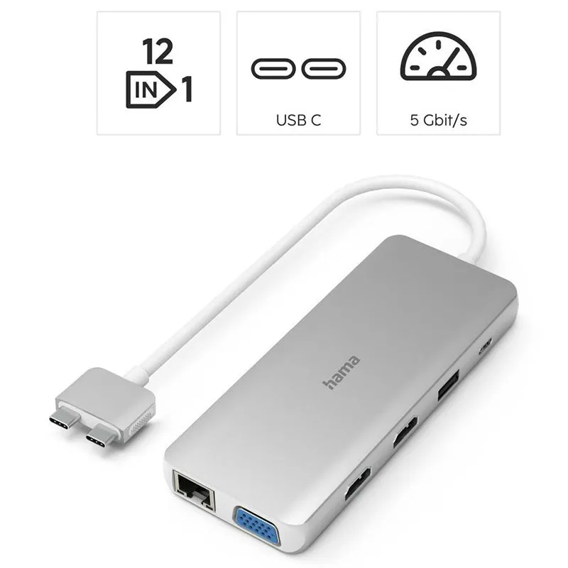 Hama 12 Ports Connect2Mac USB-C Multiport Hub - Silver/White | 458124