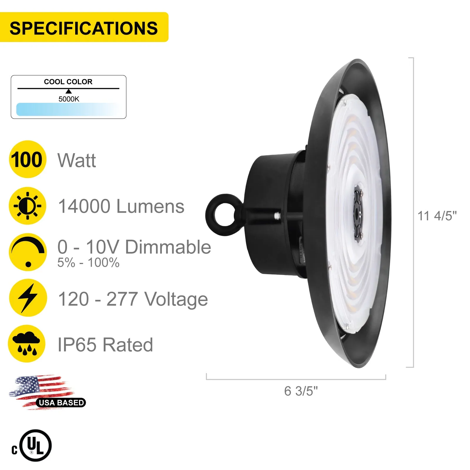 UFO LED High Bay Light 100W Round Industrial Warehouse LED Lighting - 0-10V Dimmable - 120-277V - 5000K Daylight - 13000LM