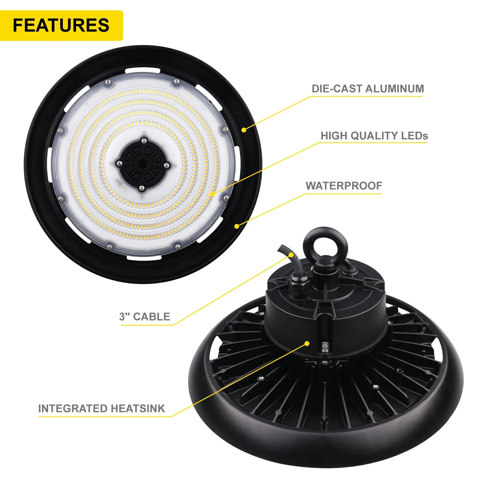 UFO LED High Bay Light 100W Round Industrial Warehouse LED Lighting - 0-10V Dimmable - 120-277V - 5000K Daylight - 13000LM