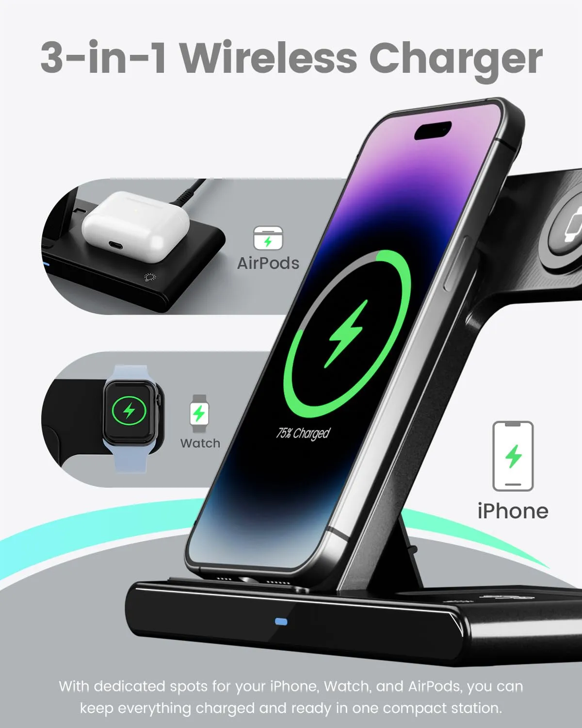 Wireless Charger iPhone Charging Station: 3 in 1 Charger Stand Multiple Devices for Apple - iPhone 16 15 14 Pro Max 13 12 11 - Watch 10 9 8 7 6 5 4 3 2 SE and Ultra Series - Airpods 4 3 2 Pro